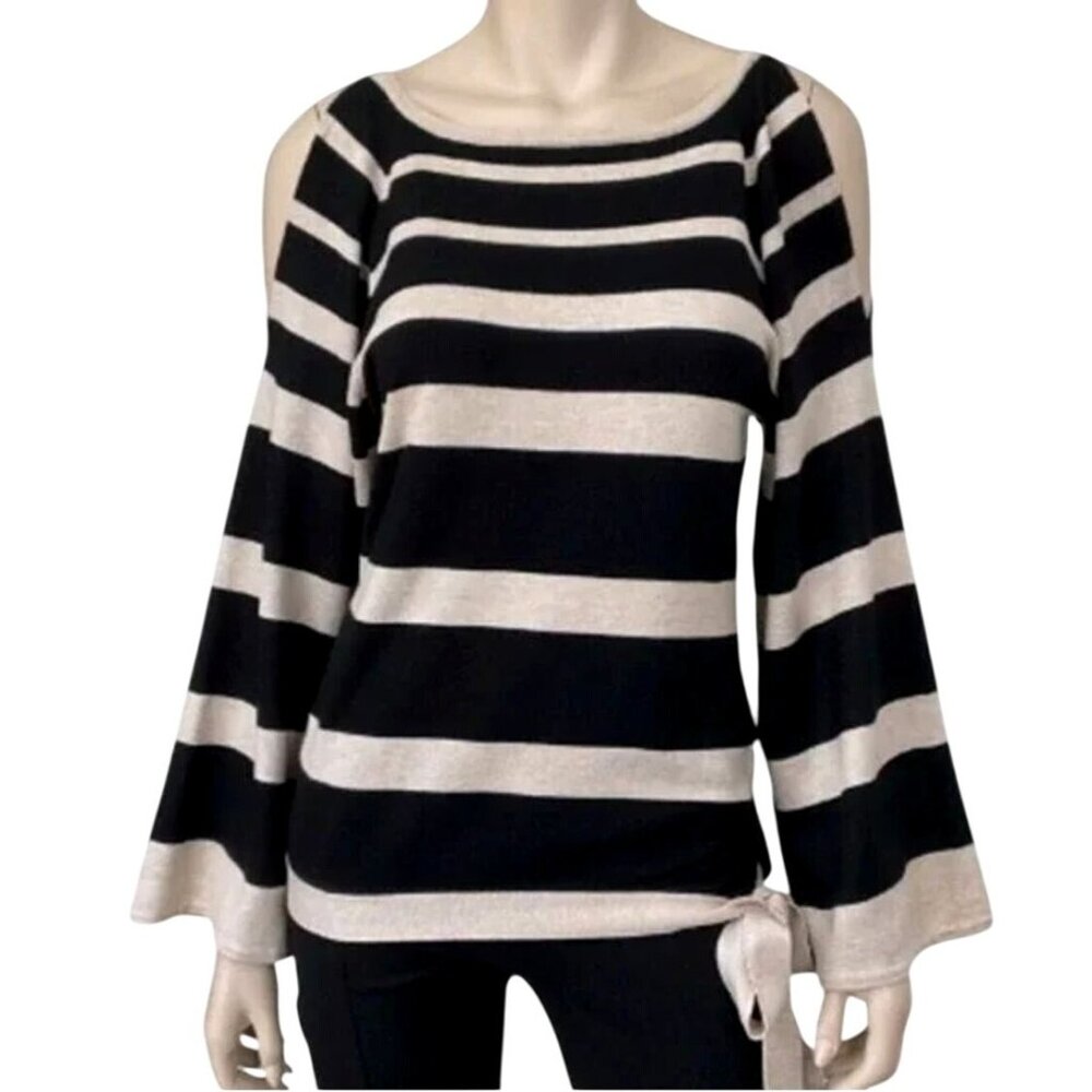 Boston Proper Black Tan Striped Soft Sweater Cold Shoulder Size XS Knit Top Fall